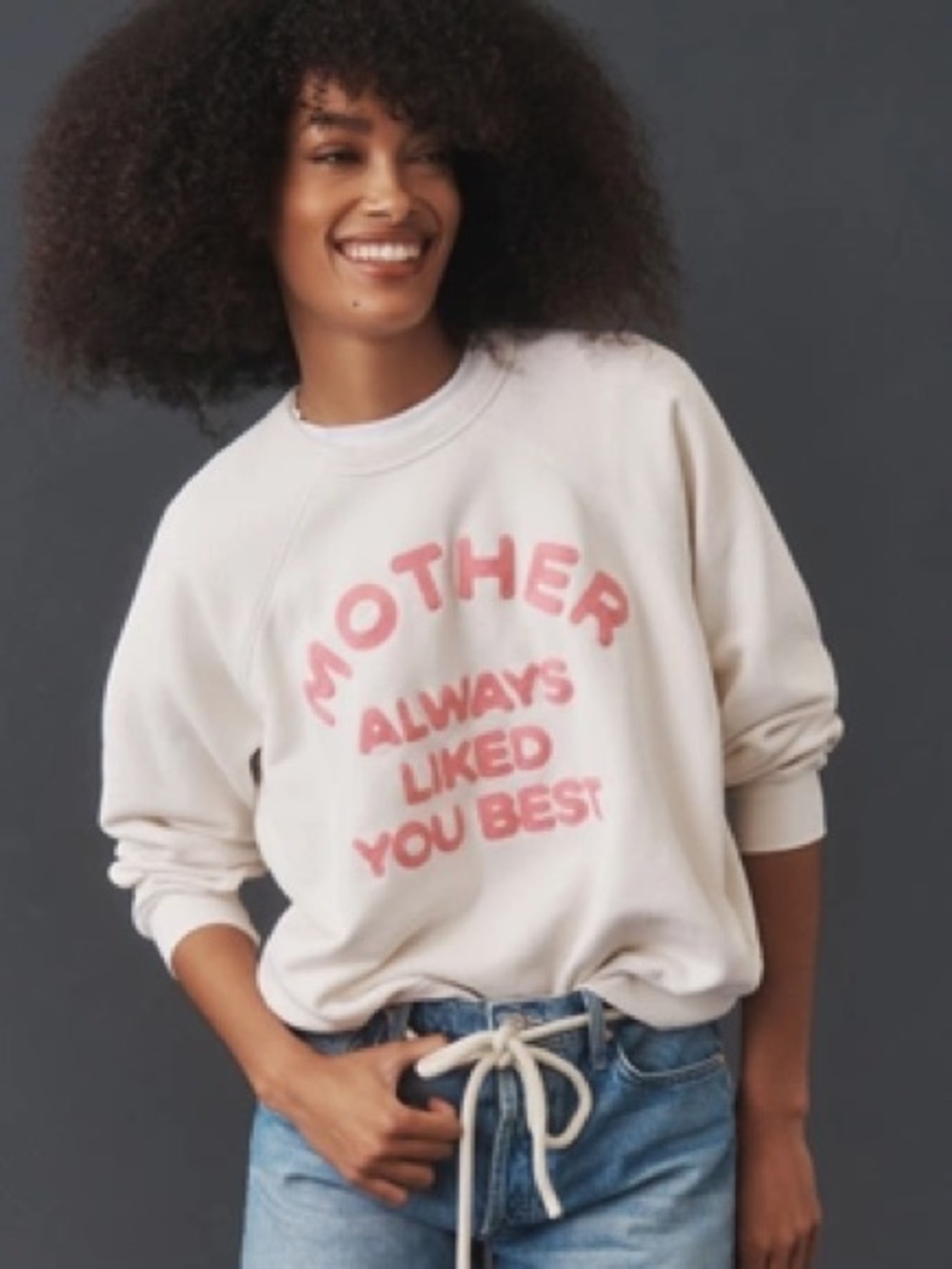 MOTHER Biggie Concert Crew Sweatshirt Ivory Pink “Always Liked You Best” Size L